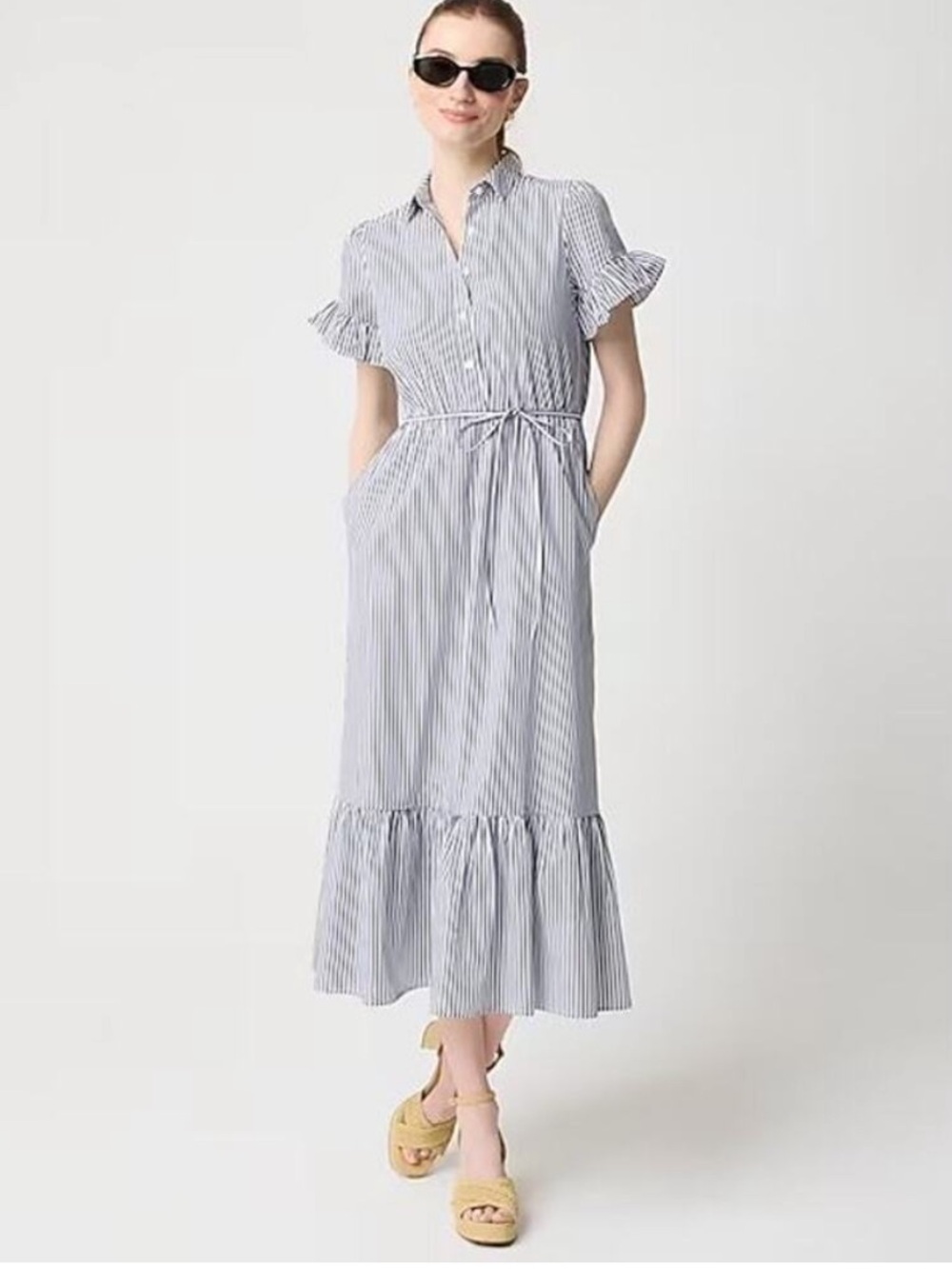 J Crew Women's Feminine Ruffle sleeve Shirtdress in White Antique Navy Stripe